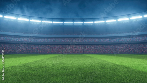 3D Rendering of soccer sport stadium during night match  green grass with crowd of audiences wearing red shirts and bright led spot lights. For sport news background 