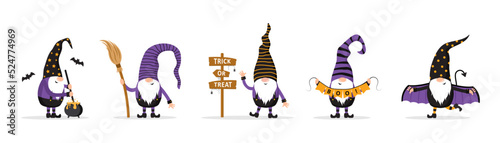 Halloween gnomes. Cute scandinavian elves collection. Dwarf celebrate spooky night. Happy holiday characters. Vector illustration in flat cartoon style.
