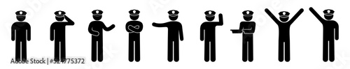 police icon set, poses and gestures of a police officer, illustration of a man in uniform