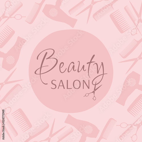 Background with scissors, combs, hair dryer. Design for beauty salon and hairdresser.