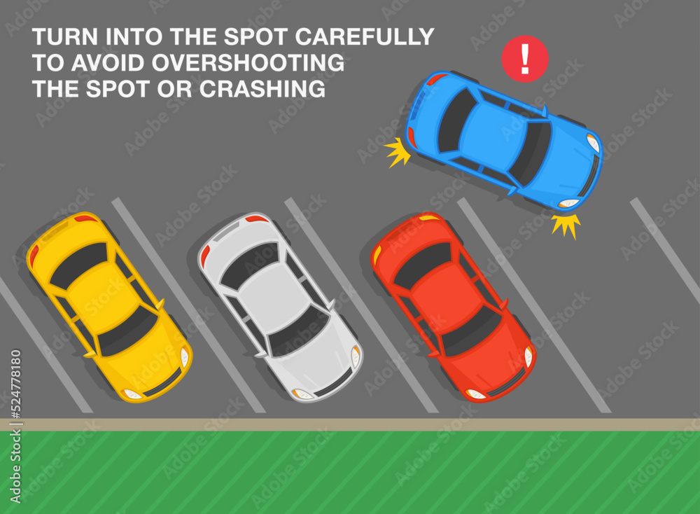Safe parking tips and rules. Top view of a angled parked cars. Turn