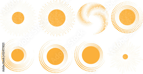 Grunge halftone dots in Circle Form . Spiral Vector Illustration .Textured round Logo . Design element . Abstract Geometric circular shapes .Rotating grunge radial line. Concentric circles