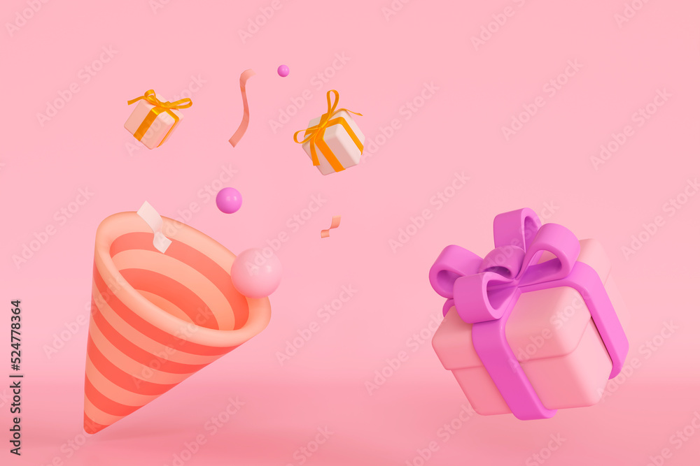 3d gift box caramel color and popper with flying gift and confetti on caramel background. Happy Birthday, Anniversary, Christmas, Valentine's, ads, promotion 3d rendering illustration