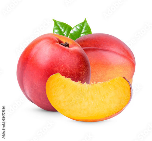 Nectarine with leaves isolated on transparent background (.PNG)