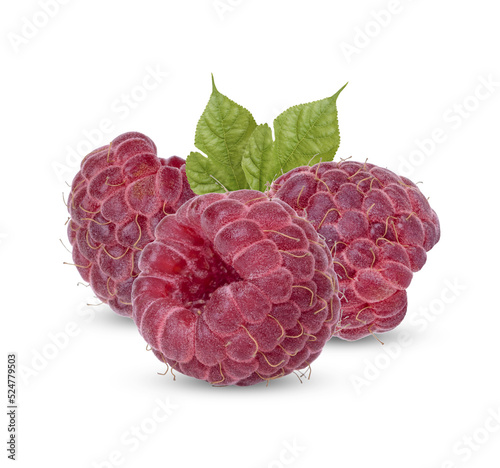 Fresh raspberry with leaves isolated on transparent background (.PNG)