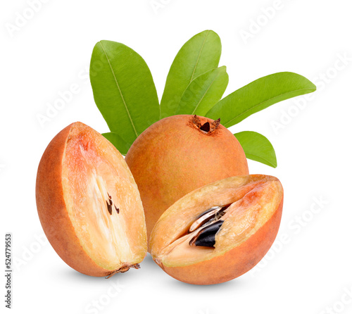 Fresh sapodilla with leaves isolated on transparent background (.PNG) photo