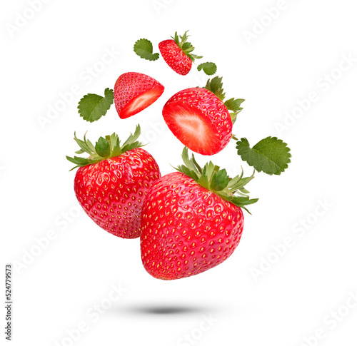 Fresh strawberries with leaves isolated on transparent background (.PNG)