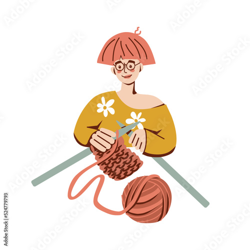  Young woman knits with large knitting needles. Hobby. Vector organic flat illustration. 