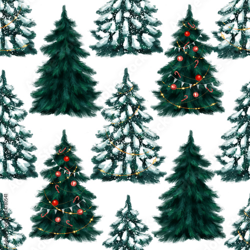 Seamless Christmas background with decorative Christmas trees. © Gribanessa