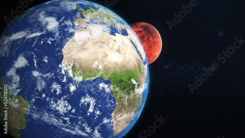 3D Render Close Up Earth World Planet And Show Up Mars Red Planet From Behind On Galaxy Space 3D Illustration