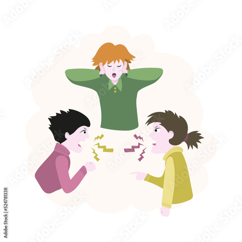A boy and a girl are fighting. The boy does not want to hear the quarrel and covers his ears. Vector.