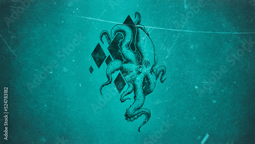abstract octopus wallpaper in blue scratched grunge background photo