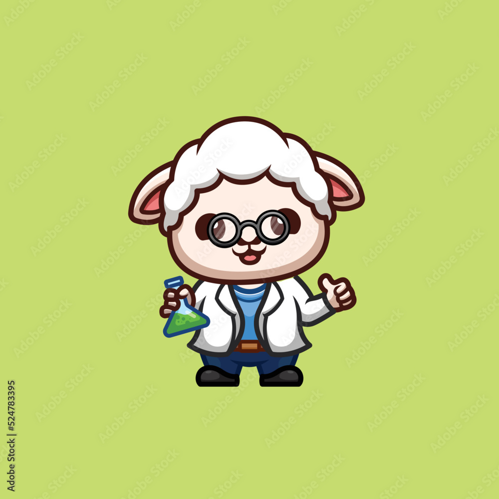 Sheep Scientist Cute Creative Kawaii Cartoon Mascot Logo
