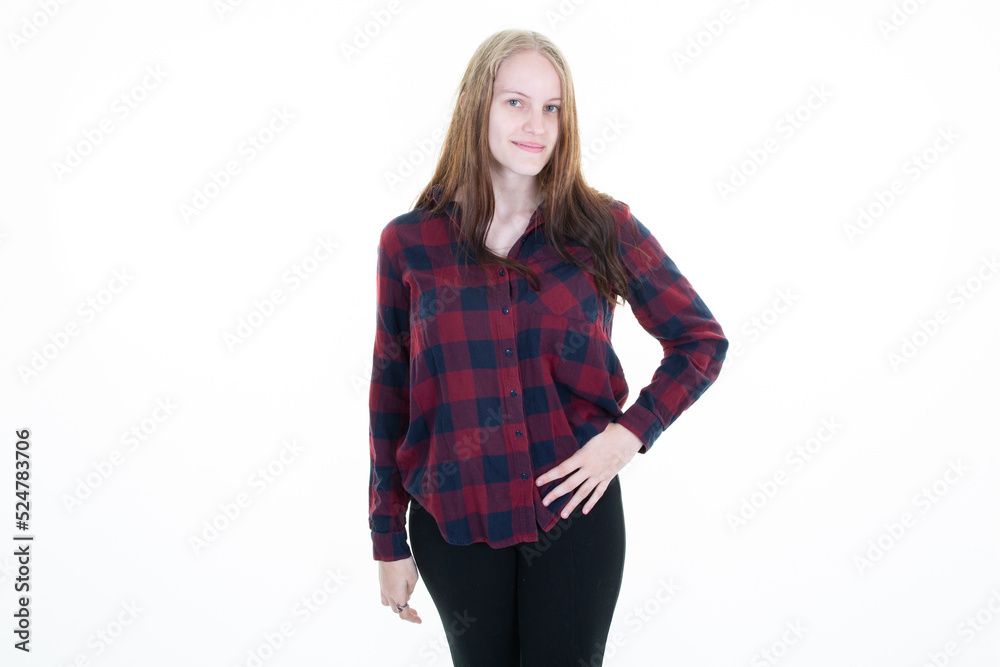 young blonde woman hand on hips looking smiling blond girl in hipster shirt isolated on white background young blonde woman hand on hips looking smiling blond girl in hipster shirt isolated on white background