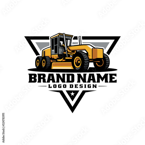 Motor grader. Heavy equipment vehicle logo vector