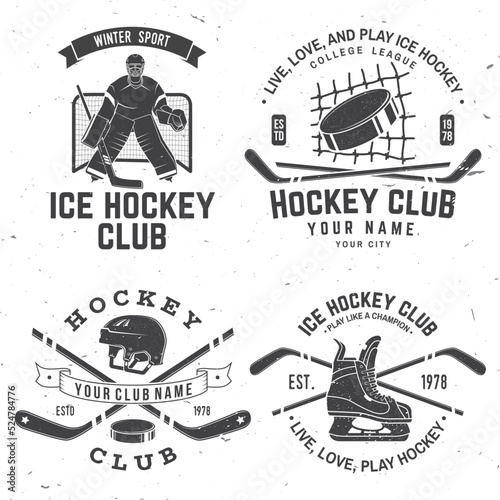 Ice Hockey club logo, badge design. Concept for shirt or logo, print, stamp or tee. Winter sport. Vintage typography design with player, sticker, puck and skates silhouette. Vector.