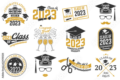 Set of Vector Class of 2023 badges Concept for shirt, print, seal, overlay or stamp, greeting, invitation card. Typography design- stock vector.