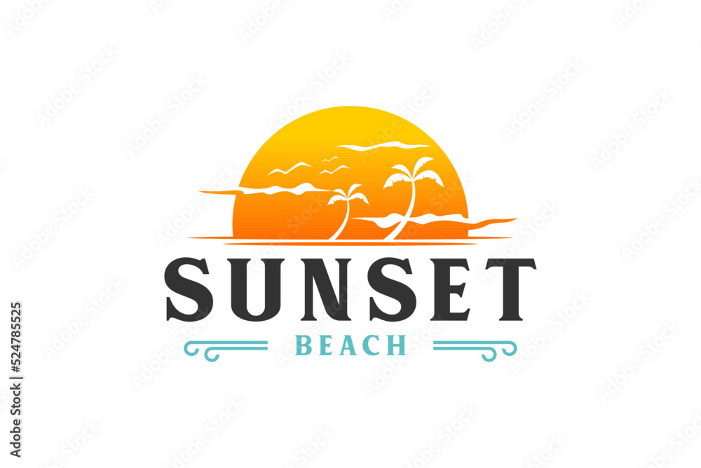 Beach vacation logo design sun shine palm tree shore island wave coast icon symbol Beach vacation logo design sun shine palm tree shore island wave coast icon symbol