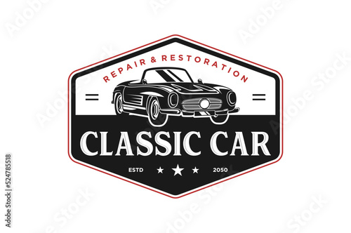 Classic car convertibles logo design automotive old workshop icon symbol black silhouette emblem hexagon shape