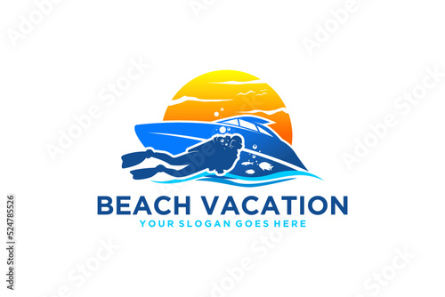 Water sport diving logo design diver ship with sunset illustration icon symbol snorkeling under water