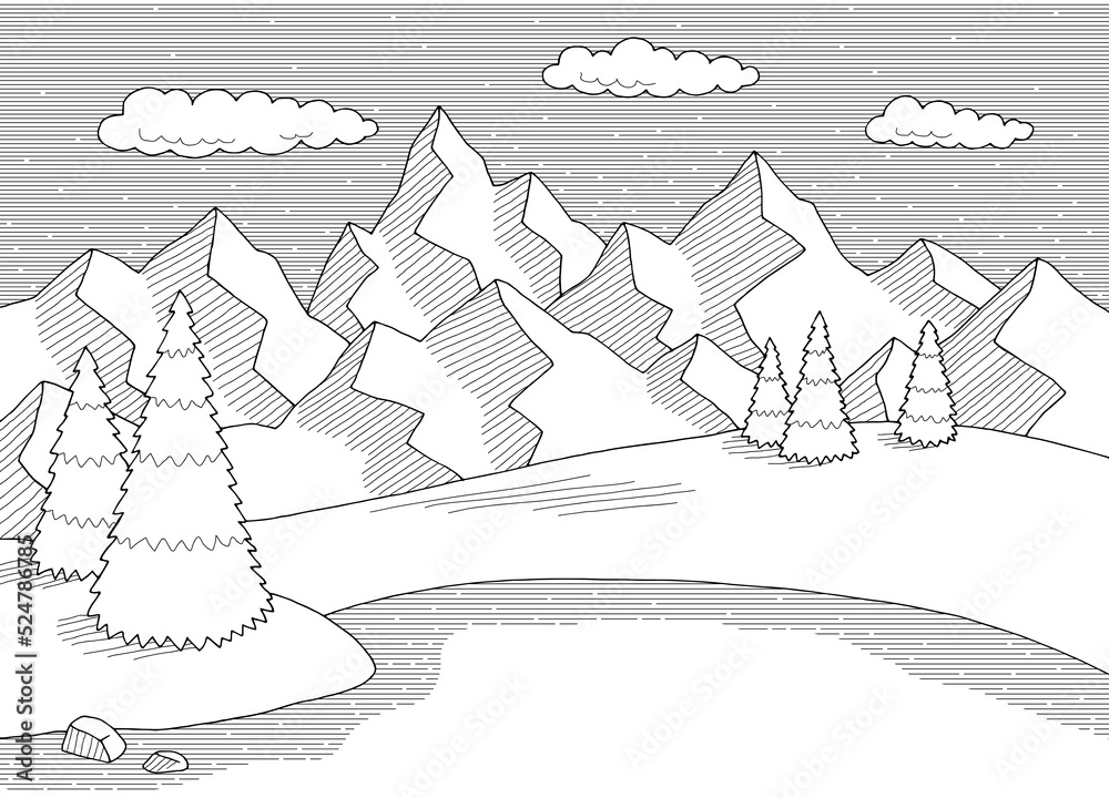 Mountain lake graphic black white landscape sketch illustration vector 