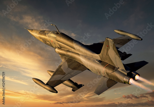 Quadro su tela Army jet flying at sunset, hyper resolution, photo realistic 3D illustration