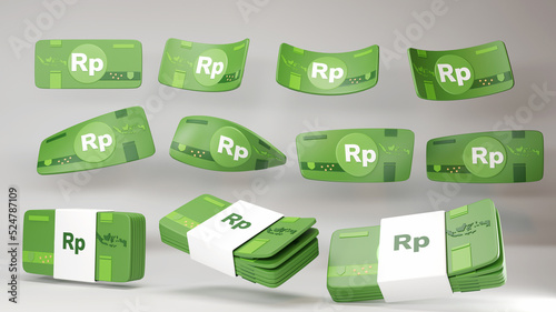 Money with Indonesian Rupiah 3d Render Illustration. Green paper bill. Fly cartoon money isolated on white background.