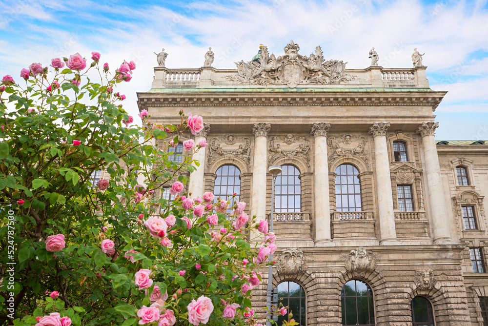 historic justice court at Karlsplatz munich, Justizpalast. blooming rose bush
