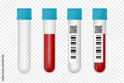 Set of empty tubes and blood sample tubes with bar code and qr code isolated on transparent background. Vector realistic illustration. Design for medical banner, flyer, card, infographic