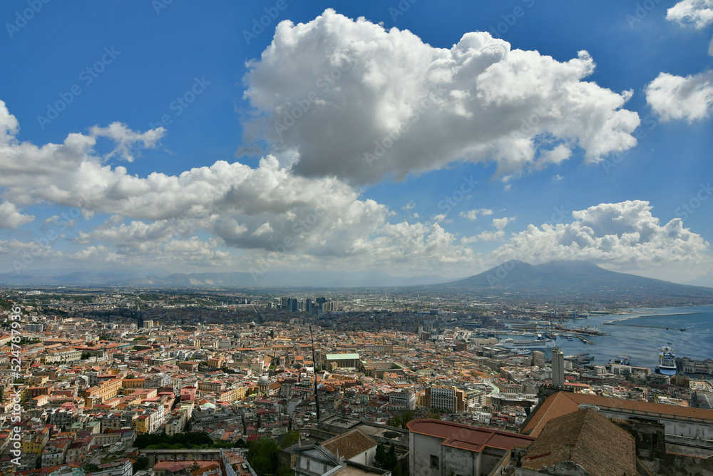 Panoramic view of the city of Naples from the walls of Saint 'Elmo castle, Italy.