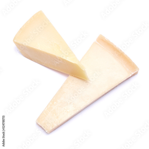 Pieces of parmesan cheese isolated on white background