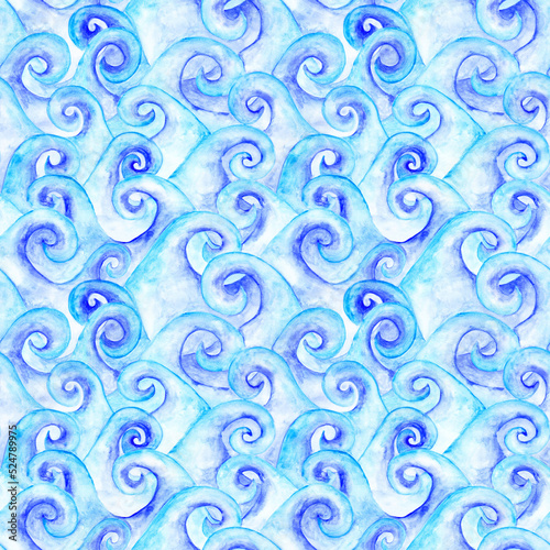 Waves seamless pattern. Blue and turquoise watercolor wave endless print. Hand-drawn navy blue stormy sea illustration. Pacific ocean sketch on a wallpaper. Cute abstract wavy sea backdrop. Fairytale.