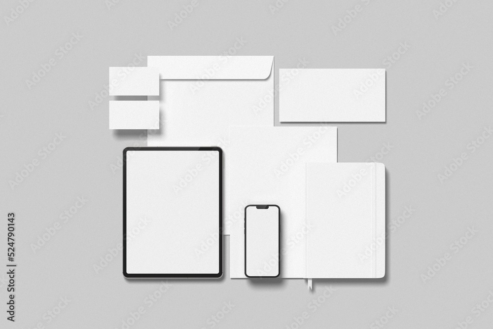 Stationery mockup such as smartphone, paper cup, Tablet, notebook, C4 Envelope, dl invitation card, business card, and dl envelope