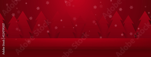 Merry Christmas banner. Red christmas trees with product display