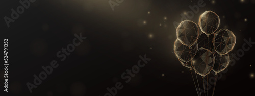 Merry Christmas and Happy New Year. Luxury golden balloons are made from a Low polygon model. Celebration banner