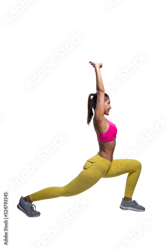 Full body length shot of smiling young sporty Asian woman fitness model in pink sportswear doing stretching. isolated on white background. Fitness and healthy lifestyle concept.