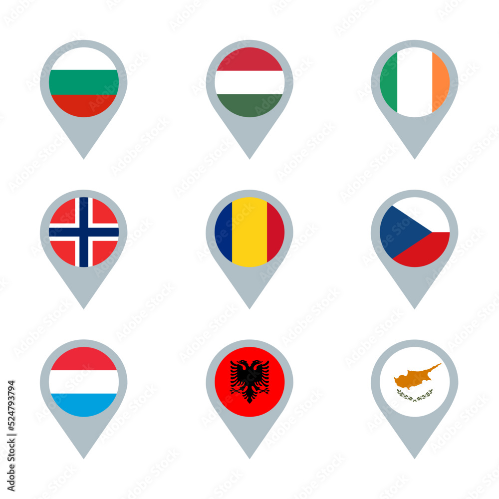 A set of nine map markers with flags. Bulgaria, Hungary, Ireland, Norway, Romania, Czech Republic, Luxembourg, Albania and Cyprus. A set of nine map markers with flags. Bulgaria, Hungary, Ireland, Norway, Romania, Czech Republic, Luxembourg, Albania and Cyprus.