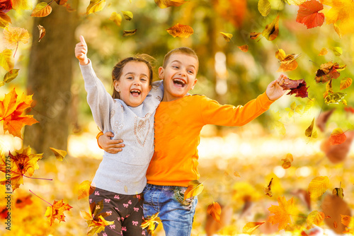 Two little cute smiling kids in bright jackets walking together in a park on a sunny autumn day. Friendship between siblings. Happy family concept 