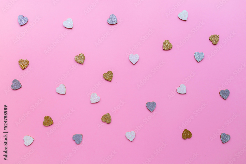 Beautiful confetti hearts falling on pink background. Beautiful confetti hearts falling on pink background.