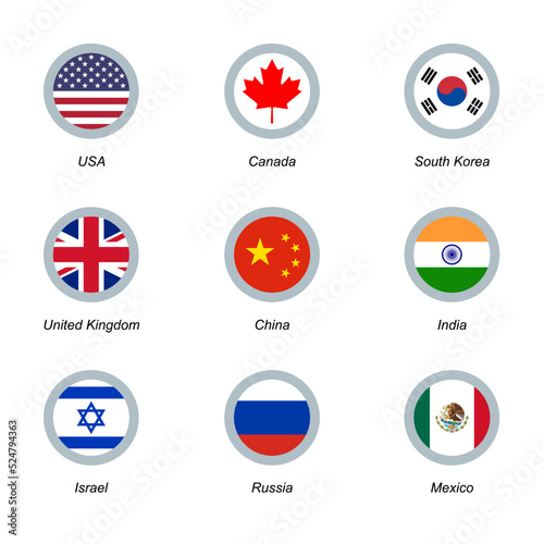 Set of 9 round icons with flags. USA, United Kingdom, South Korea, Canada, China, India, Israel Russia and Mexico Free Download Set of 9 round icons with flags. USA, United Kingdom, South Korea, Canada, China, India, Israel Russia and Mexico - GFXLoad