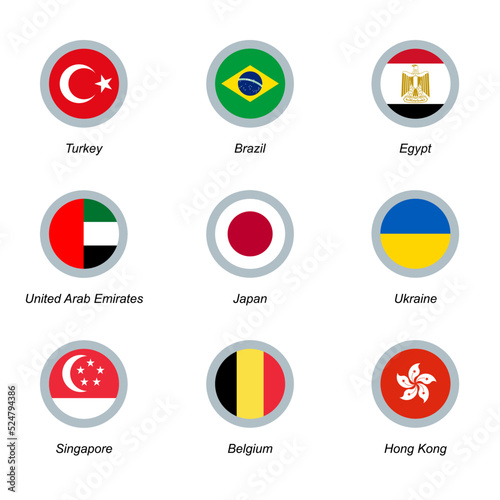 A set of nine round icons with flags. Turkey, Brazil, Egypt, United Arab Emirates, Japan, Ukraine, Singapore, Belgium and Hong Kong. photo