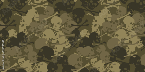 Skulls and bones camo seamless pattern. Camouflage in green colors. Military vector background for your design.