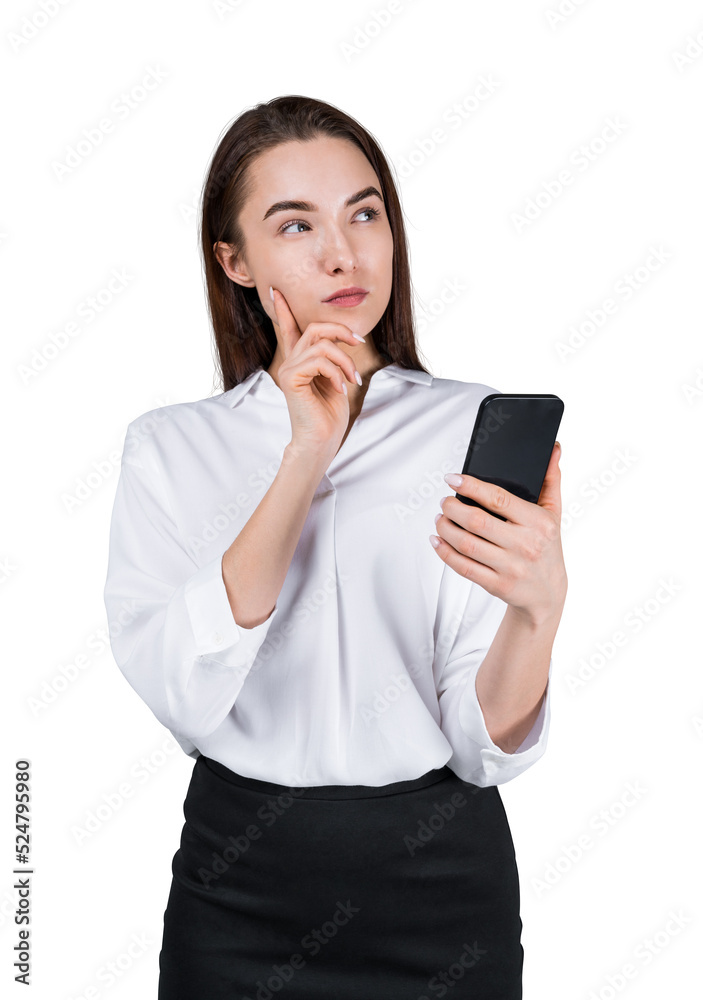 Businesswoman with smartphone in hand, thinking isolated over wh Businesswoman with smartphone in hand, thinking isolated over wh