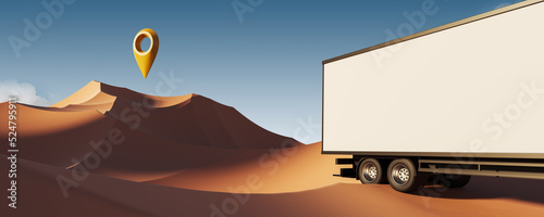 Delivery van an desert landscape at daylight with geo tag