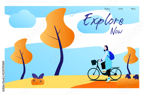 girls with bicycle explore nature illustration 