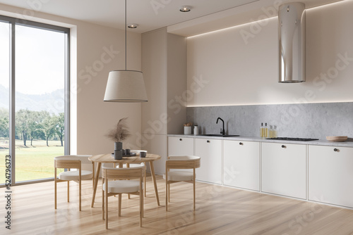 Light kitchen interior with seats and eating table  panoramic window