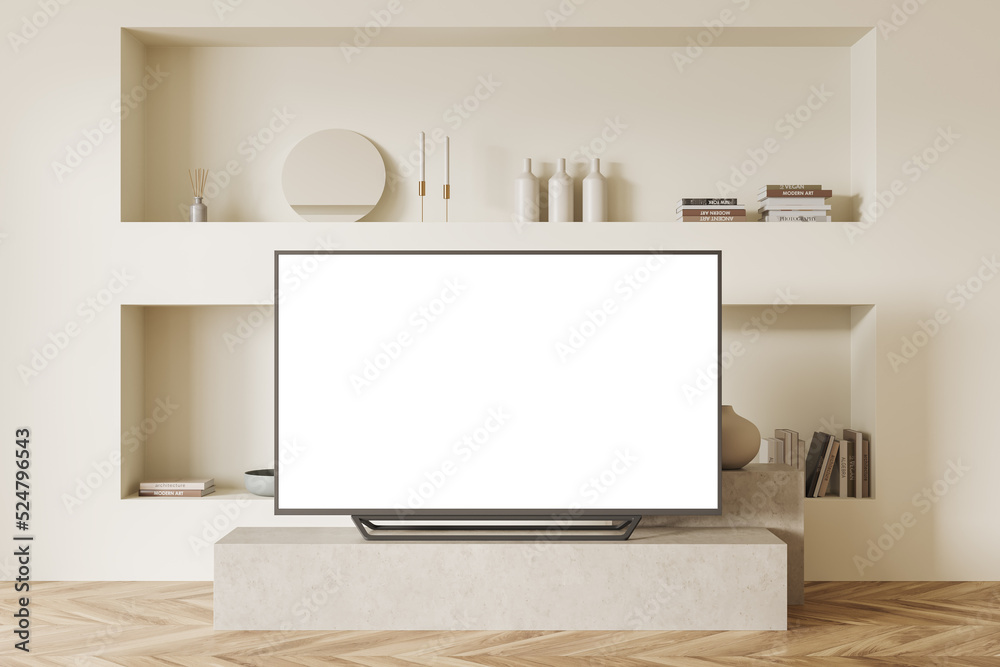 Relax room interior with tv on a stand, shelf with art decoration, mockup screen