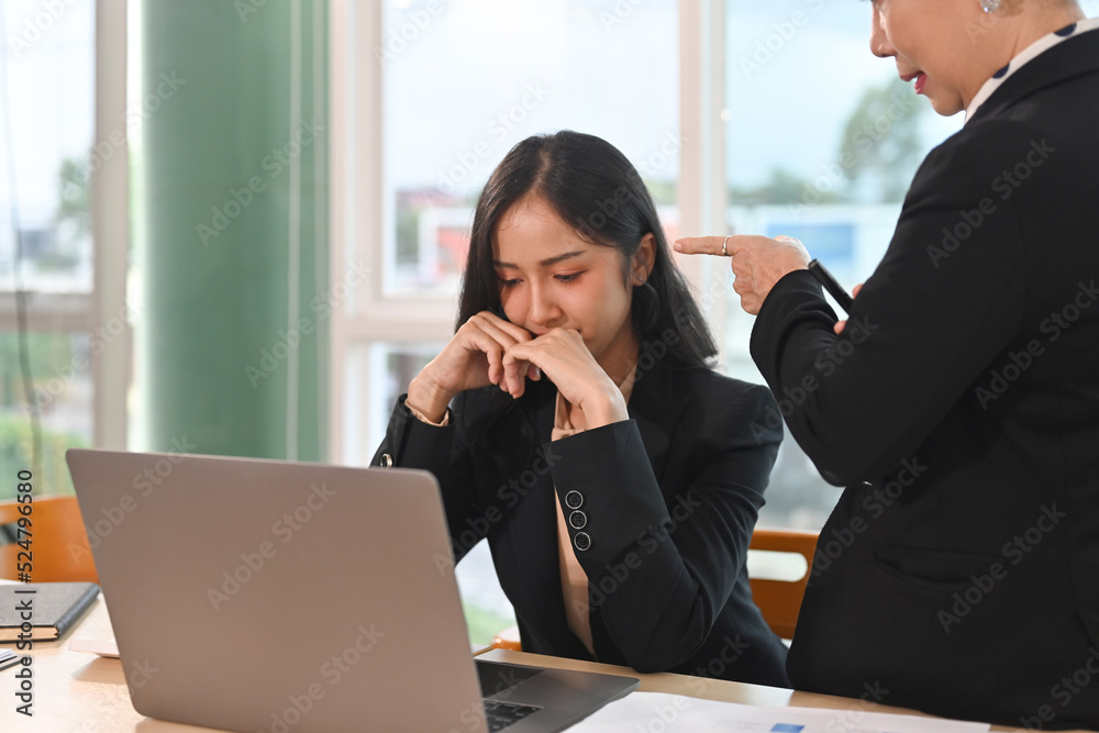 Senior old Businesswoman an executive manager blaming employee for mistake or failure, arguing on work issues. Senior old Businesswoman an executive manager blaming employee for mistake or failure, arguing on work issues.