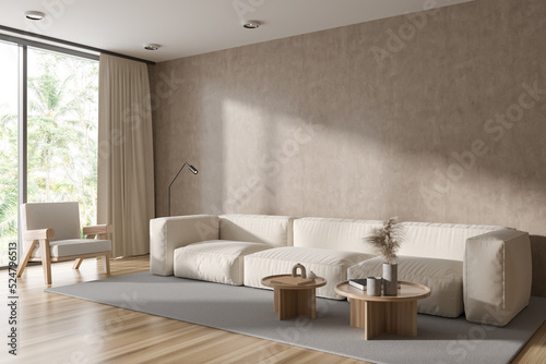 Light lounge interior with couch and armchair  panoramic window. Empty wall