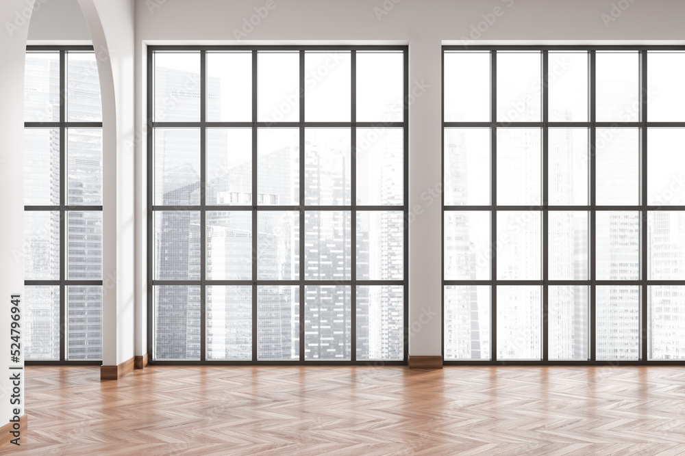 Light empty hall with panoramic window on city view Light empty hall with panoramic window on city view